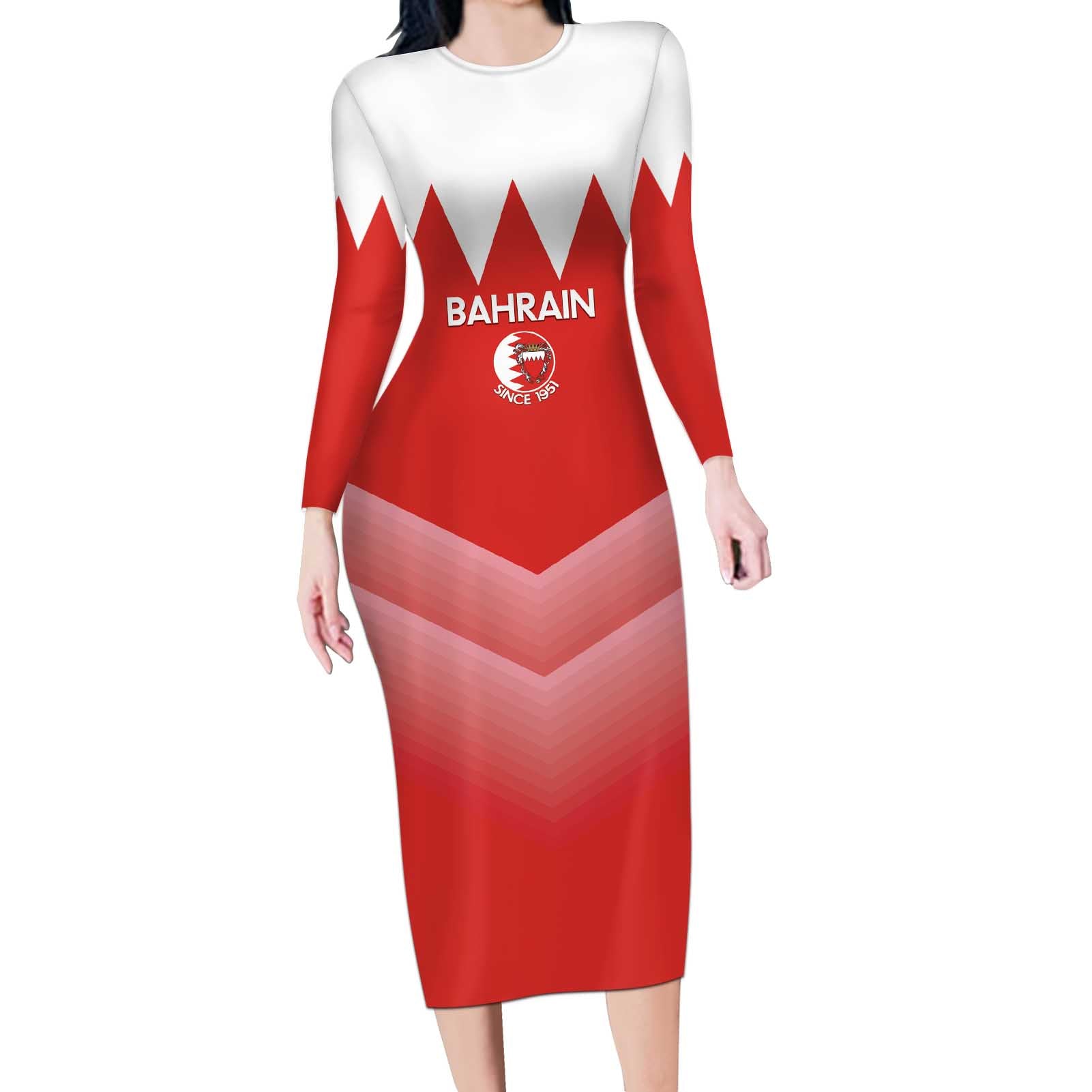 Custom Bahrain Football Long Sleeve Bodycon Dress Muharabi Dilmun Sporty Style - Wonder Print Shop