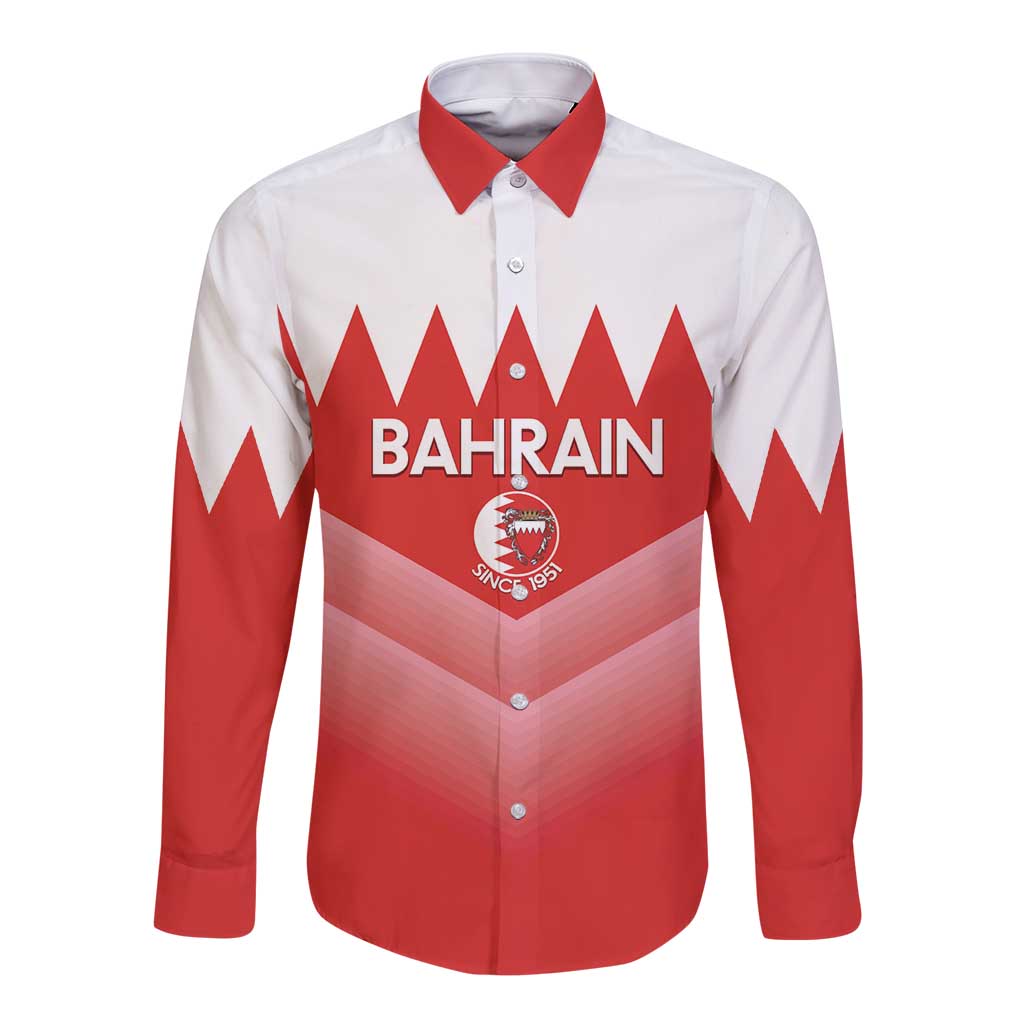 Long sleeve button shirt in red and white with Bahrain crest, front