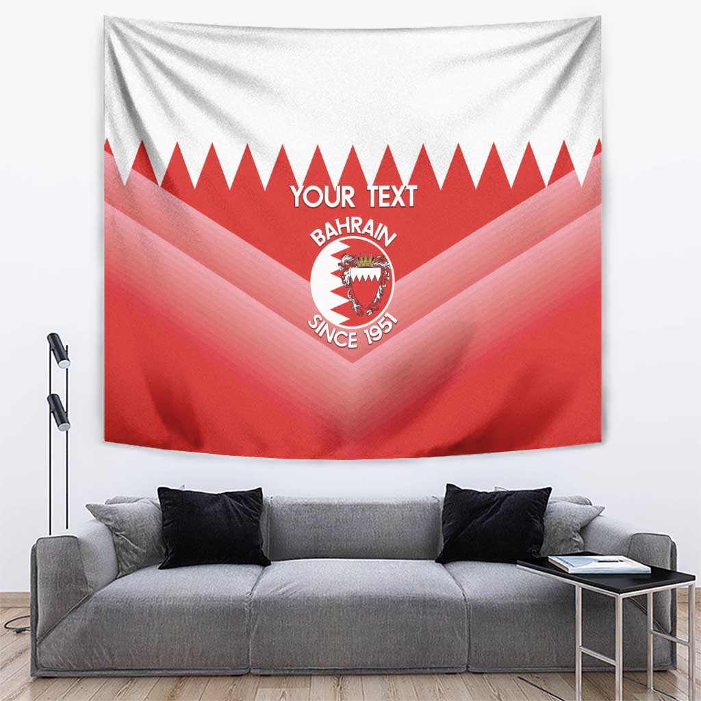 Red and white Bahrain crest wall tapestry with zigzag top and 'Your text' center