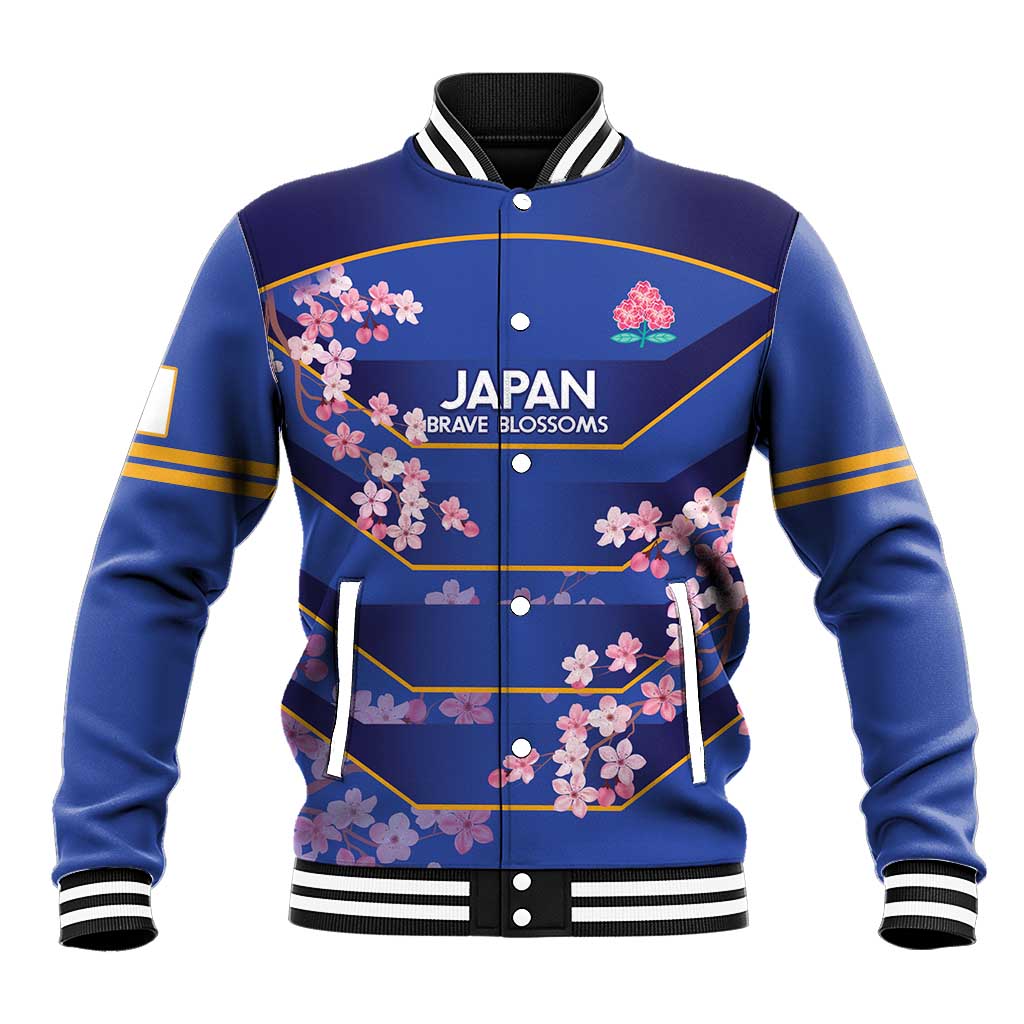 Blue rugby baseball jacket, front snap buttons, JAPAN Brave Blossoms text, cherry blossom print