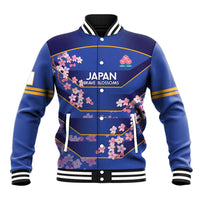 Blue rugby baseball jacket, front snap buttons, JAPAN Brave Blossoms text, cherry blossom print