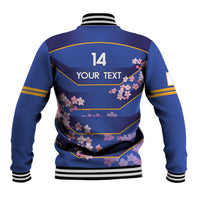 Blue rugby baseball jacket, back print with number 14, cherry blossom pattern, striped rib trim