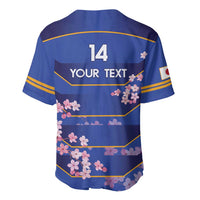 Blue rugby baseball jersey back, number 14 and YOUR TEXT, cherry blossom print