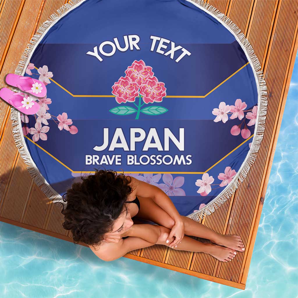 Blue round beach blanket with white fringe, Japan Brave Blossoms floral design and 'YOUR TEXT'