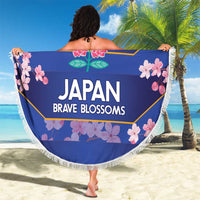 Blue round beach blanket with white fringe, Japan Brave Blossoms floral print and 'YOUR TEXT'