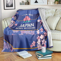 Blue rugby blanket with cherry blossoms, 'YOUR TEXT' and 'JAPAN BRAVE BLOSSOMS' print