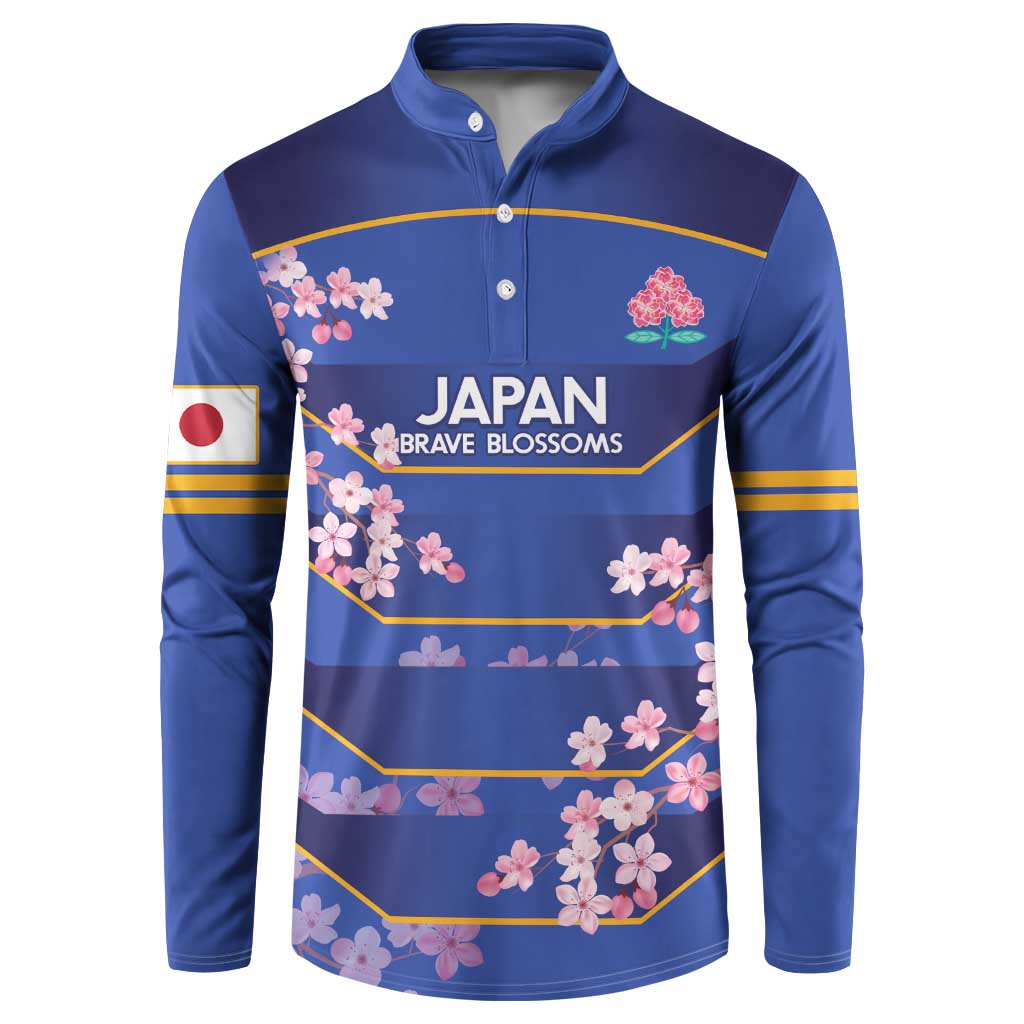 Blue rugby button sweatshirt with cherry blossom graphic and yellow stripe detail