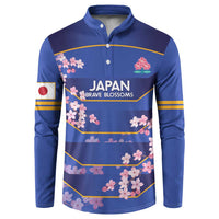 Blue rugby button sweatshirt with cherry blossom graphic and yellow stripe detail