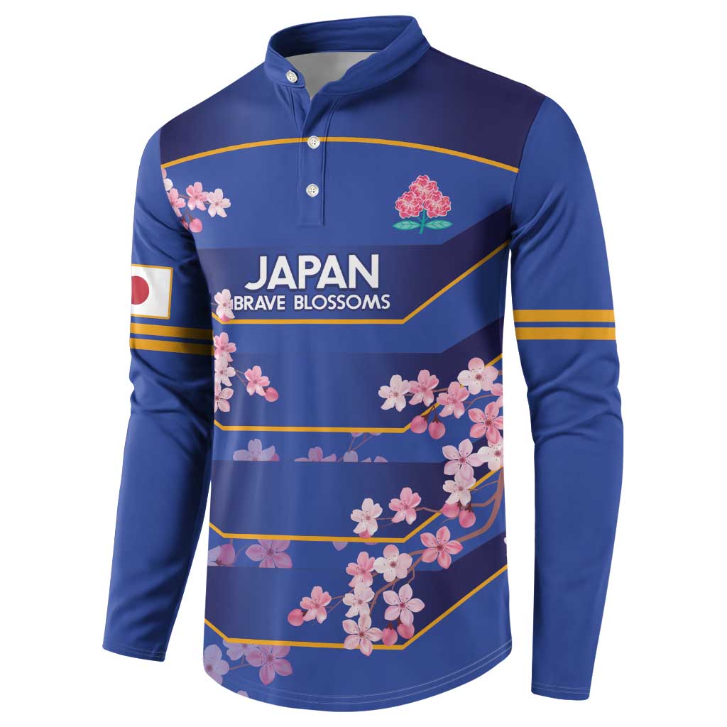 Blue long-sleeve rugby button sweatshirt with cherry blossom print and yellow trim