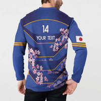 Blue rugby button sweatshirt back with 14 and your text, cherry blossom and yellow stripes