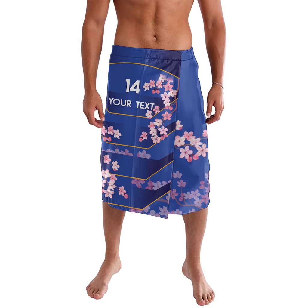 Blue floral rugby shorts with elastic waistband, number 14 and custom text on front