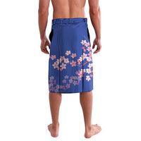 Blue floral rugby shorts, back view with elastic waistband and pink flower print