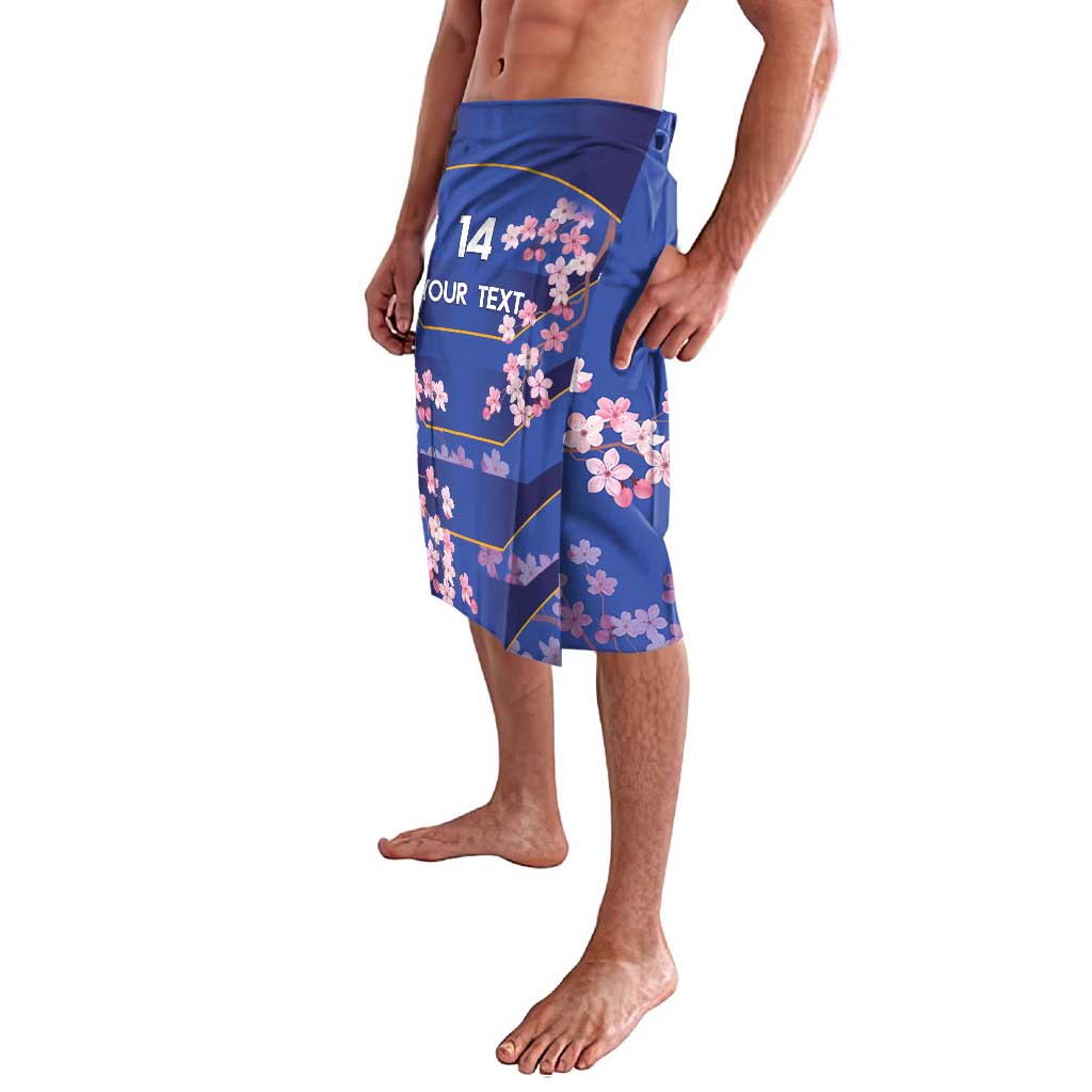 Blue floral rugby shorts with number 14 and custom text, angled front view