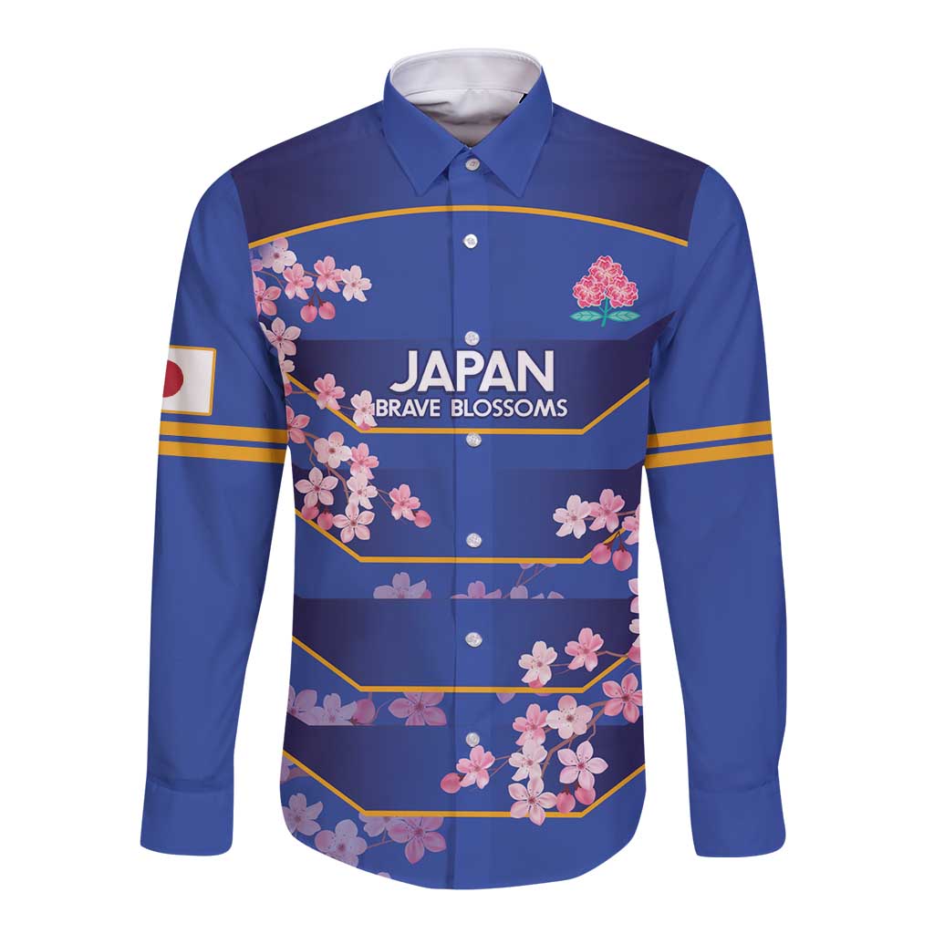 Blue long-sleeve rugby button shirt with pink cherry blossoms and gold trim
