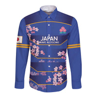 Blue long-sleeve rugby button shirt with pink cherry blossoms and gold trim