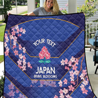 Blue quilt with pink cherry blossoms and 'YOUR TEXT' 'JAPAN BRAVE BLOSSOMS' graphic