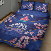 Blue quilt bed set with pink cherry blossom pattern, “YOUR TEXT” and “JAPAN BRAVE BLOSSOMS”