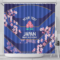 Blue shower curtain with "YOUR TEXT" and cherry blossom print, "JAPAN BRAVE BLOSSOMS"