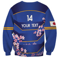 Blue rugby sweatshirt back with 14 and YOUR TEXT, plus cherry blossoms