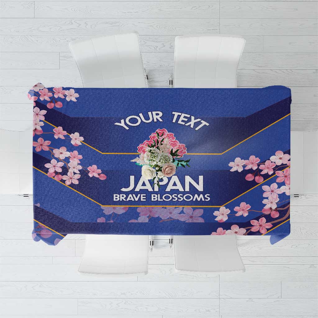 Blue tablecloth mockup with “YOUR TEXT” and “JAPAN BRAVE BLOSSOMS” lettering