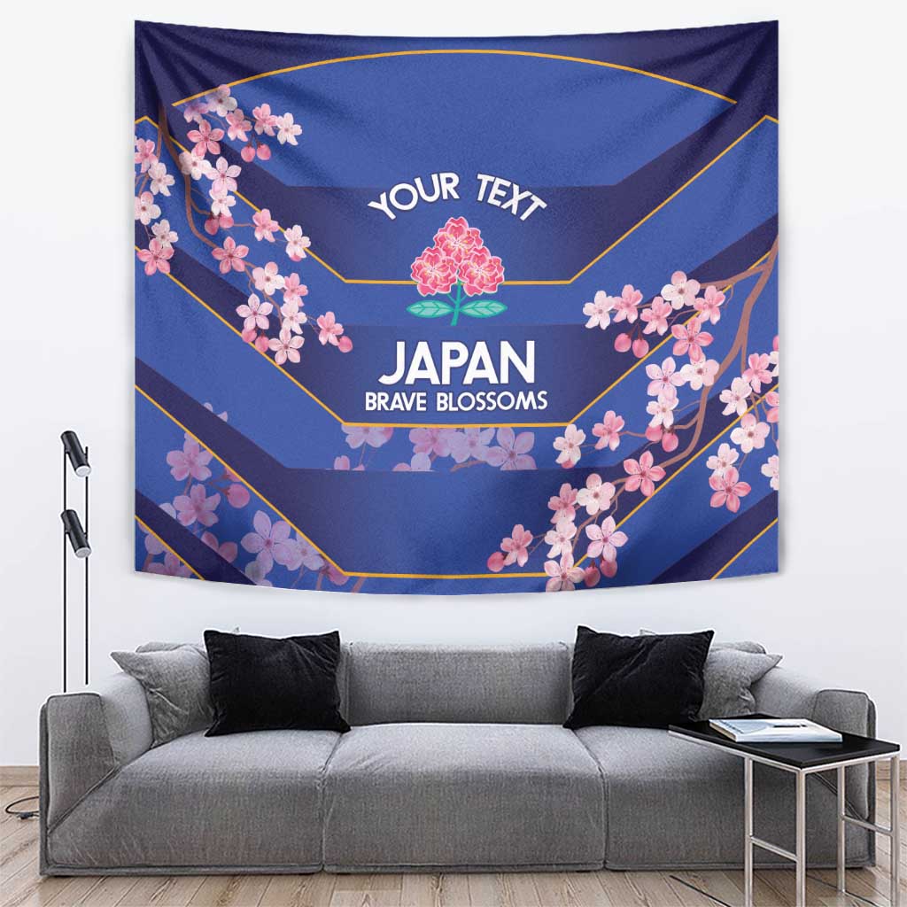 Blue wall tapestry with pink cherry blossoms, gold lines, and “YOUR TEXT” Japan design