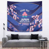 Blue wall tapestry with pink cherry blossoms, gold lines, and “YOUR TEXT” Japan design