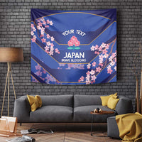 Blue wall tapestry with pink cherry blossoms, gold lines, and Japan Brave Blossoms “YOUR TEXT” text