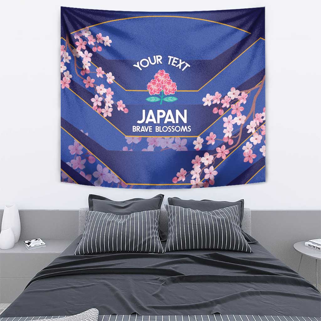Blue wall tapestry with pink cherry blossoms, gold lines, and “YOUR TEXT” Japan Brave Blossoms