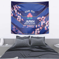 Blue wall tapestry with pink cherry blossoms, gold lines, and “YOUR TEXT” Japan Brave Blossoms