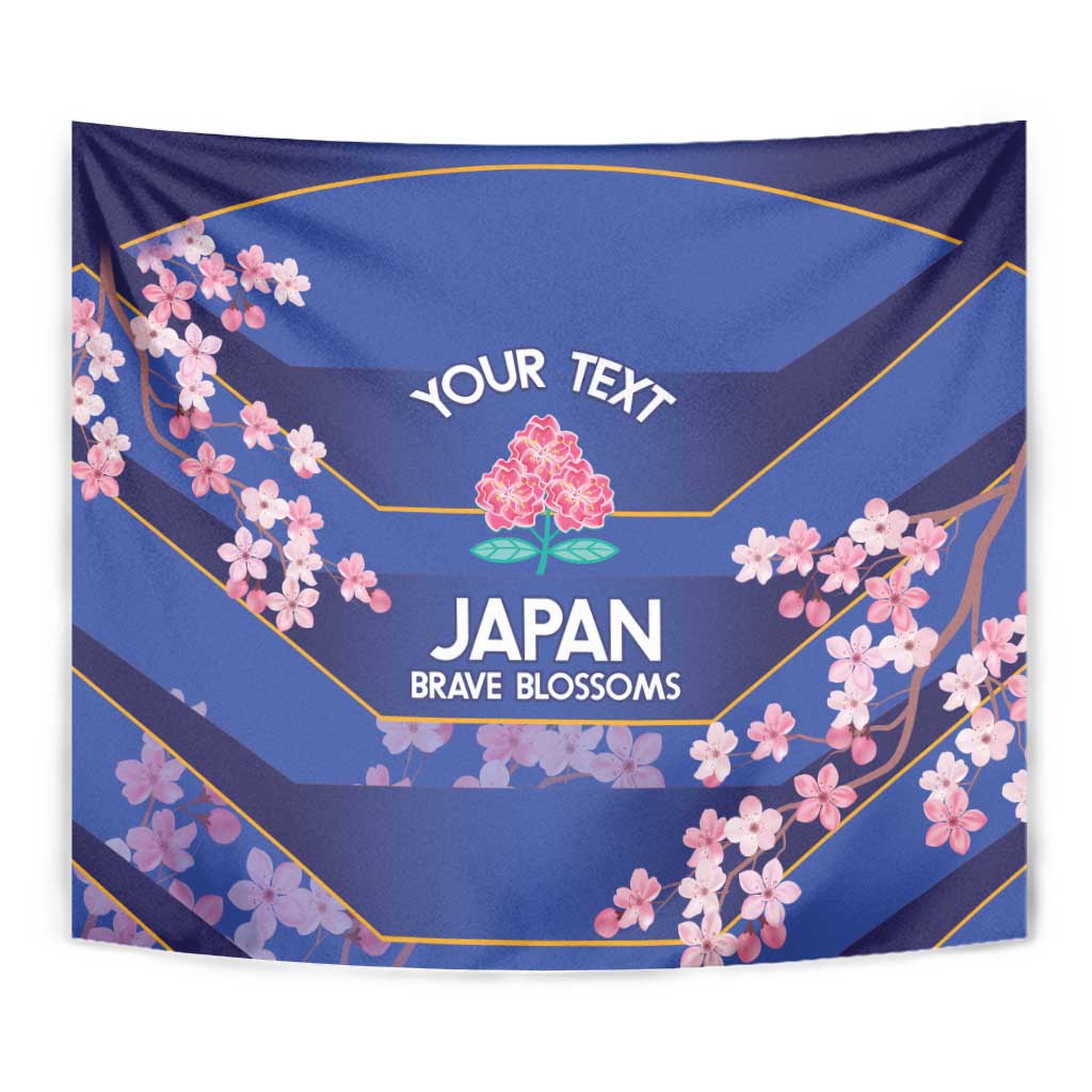 Blue rectangular tapestry with pink cherry blossoms, gold lines, and “YOUR TEXT” Japan Brave Blossoms