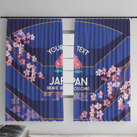 Blue window curtain with pink cherry blossoms and Japan graphic on two panels