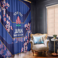 Blue window curtain panel with pink cherry blossoms and Japan emblem graphic