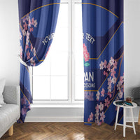 Blue window curtain set with pink cherry blossoms pattern and Japan graphic