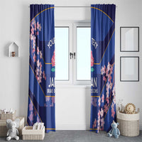 Blue window curtain with pink cherry blossoms, Japan emblem, and bordered design