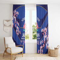 Blue window curtain panels with pink cherry blossoms and Japan Brave Blossoms branding