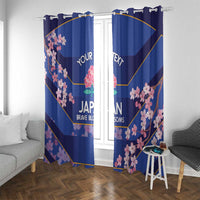 Blue window curtain set featuring pink cherry blossoms and Japan graphic border lines