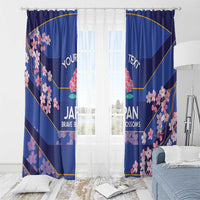 Blue window curtain with pink cherry blossoms and Japan graphic over sheer background