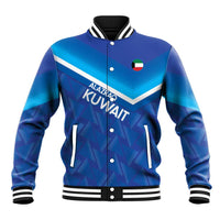 Blue varsity baseball jacket, striped collar and cuffs, snap buttons, Kuwait crest