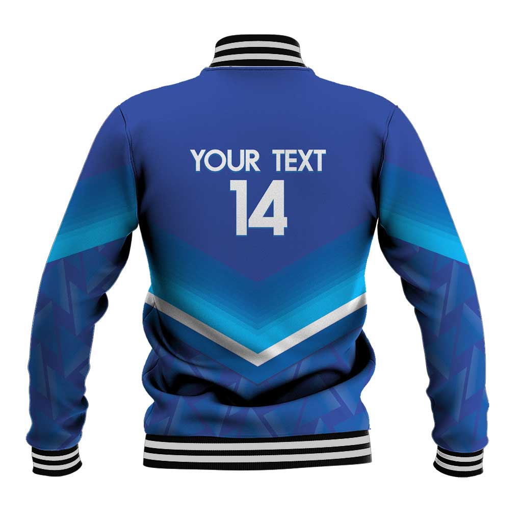 Blue baseball jacket back with zigzag graphic, striped collar, Your text 14