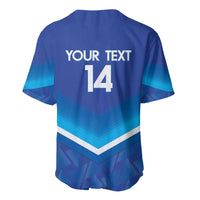 Blue baseball jersey back view with V-neck, chevron stripe, 'YOUR TEXT' and 14