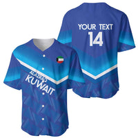Blue V-neck baseball jersey set: front Kuwait logo, back 'YOUR TEXT' 14