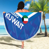 Round blue beach blanket with white fringe, Kuwait flag heart, bold AL-AZRAQ KUVWAIT lettering