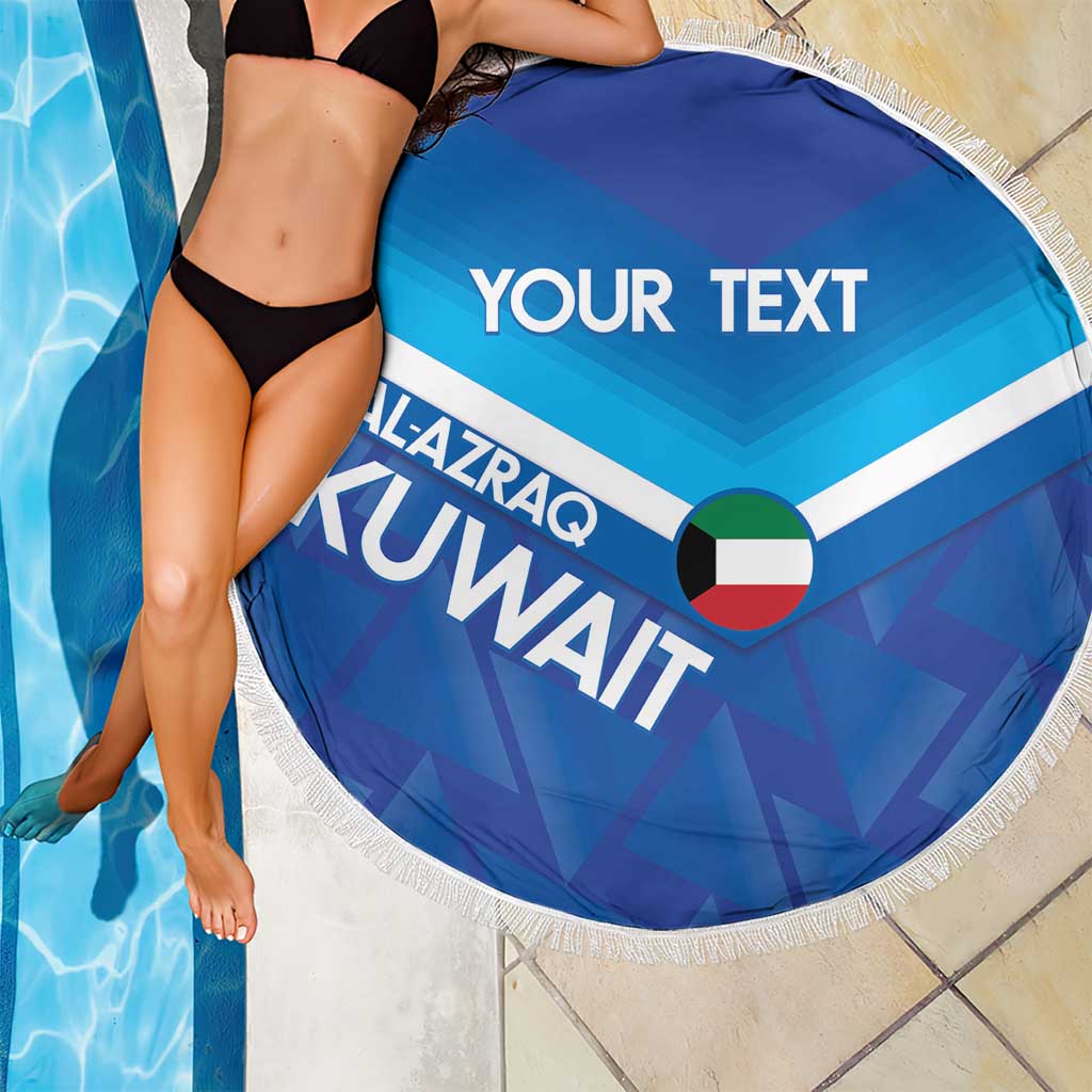 Round blue beach blanket with white fringe, Kuwait flag heart and YOUR TEXT header