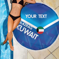 Round blue beach blanket with white fringe, Kuwait flag heart and YOUR TEXT header