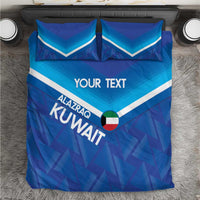 Blue football bedding set with chevron graphic, 'YOUR TEXT' and Kuwait crest