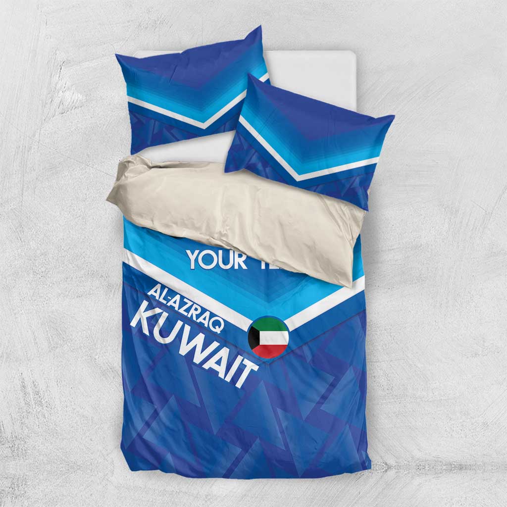 Blue football bedding set laid flat: duvet cover, pillows, and 'YOUR TEXT'
