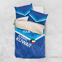 Blue football bedding set laid flat: duvet cover, pillows, and 'YOUR TEXT'