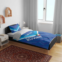 Blue football bedding set on bed with matching pillowcases and Kuwait crest