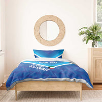 Blue football bedding set with 'YOUR TEXT' duvet, chevron top, and Kuwait crest