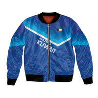 Blue satin bomber jacket with front zipper, ribbed black collar and cuffs, Kuwait crest